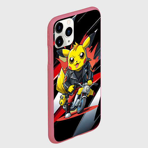 Чехол iPhone 11 Pro матовый Пикачу байкер на мотоцикле / 3D-Малиновый – фото 2