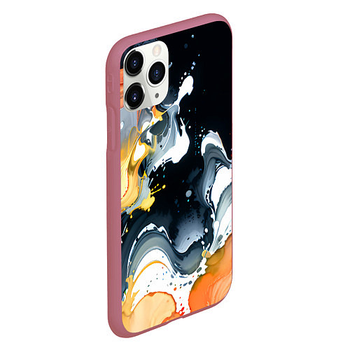 Чехол iPhone 11 Pro матовый Белые и персиковые разводы на черном фоне / 3D-Малиновый – фото 2