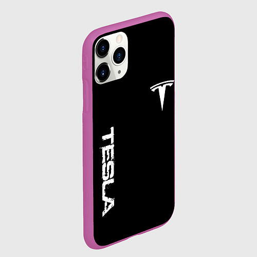 Чехол iPhone 11 Pro матовый Tesla logo white / 3D-Фиолетовый – фото 2