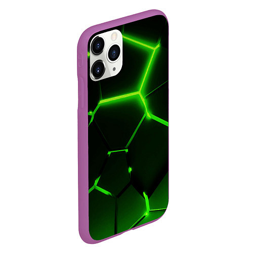 Чехол iPhone 11 Pro матовый Темные зеленые неоновые плиты в разломе / 3D-Фиолетовый – фото 2