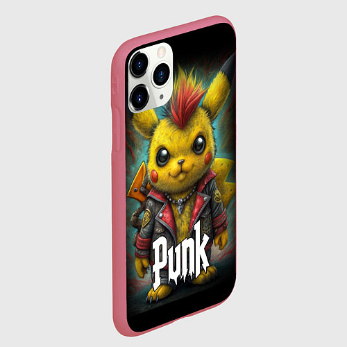 Чехол iPhone 11 Pro матовый Панк Пикачу в косухе / 3D-Малиновый – фото 2
