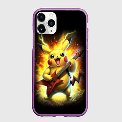 Чехол iPhone 11 Pro матовый Пикачу рок звезда с электрогитарой, цвет: 3D-фиолетовый