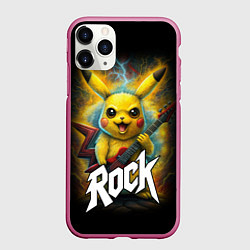 Чехол iPhone 11 Pro матовый Пикачу рокер с электрогитарой, цвет: 3D-малиновый