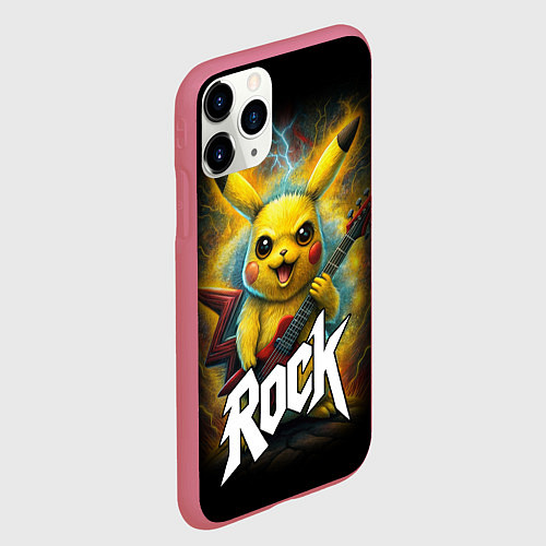 Чехол iPhone 11 Pro матовый Пикачу рокер с электрогитарой / 3D-Малиновый – фото 2