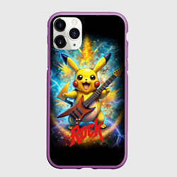 Чехол iPhone 11 Pro матовый Рок звезда Пикачу с электрогитарой, цвет: 3D-фиолетовый