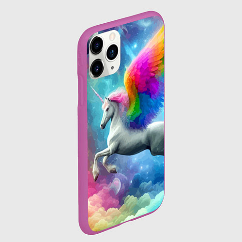 Чехол iPhone 11 Pro матовый Космический крылатый единорог - нейросеть / 3D-Фиолетовый – фото 2