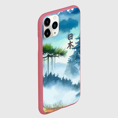 Чехол iPhone 11 Pro матовый Японский пейзаж - акварель живопись / 3D-Малиновый – фото 2