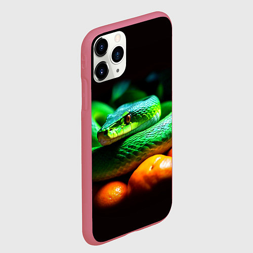 Чехол iPhone 11 Pro матовый Зеленая змея в апельсинах и мандаринах: символ нов / 3D-Малиновый – фото 2