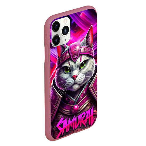 Чехол iPhone 11 Pro матовый Кот в самурайском стиле / 3D-Малиновый – фото 2