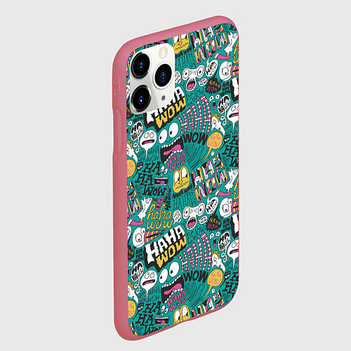 Чехол iPhone 11 Pro матовый Ха-ха ничего себе - паттерн с рожицами / 3D-Малиновый – фото 2