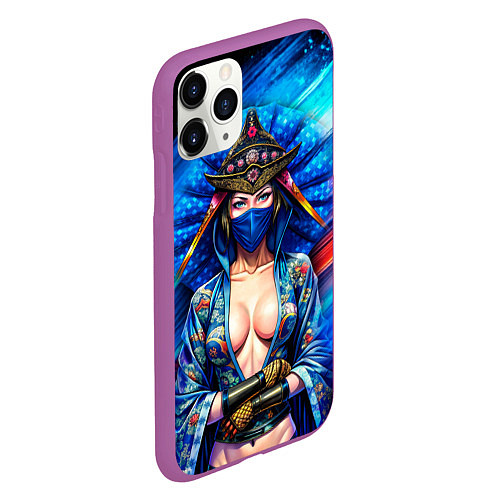 Чехол iPhone 11 Pro матовый Девушка самурай в откровенном костюме / 3D-Фиолетовый – фото 2