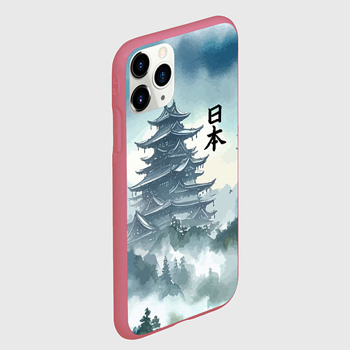 Чехол iPhone 11 Pro матовый Японская пагода в тумане - нейросеть / 3D-Малиновый – фото 2
