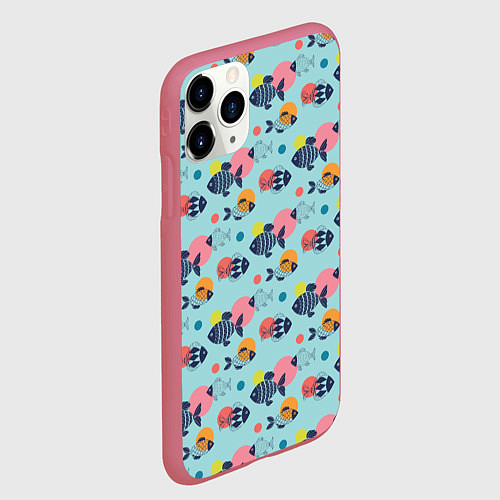 Чехол iPhone 11 Pro матовый Рыбы с геометрическим узором и кругами / 3D-Малиновый – фото 2