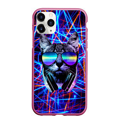 Чехол iPhone 11 Pro матовый Cat DJ neon, цвет: 3D-малиновый