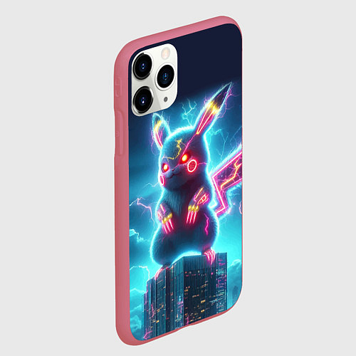 Чехол iPhone 11 Pro матовый Пикадзила на крыше небоскрёба - неоновое свечение: / 3D-Малиновый – фото 2