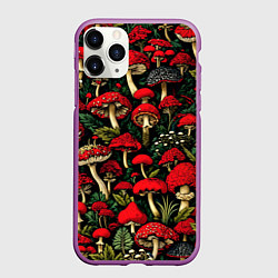 Чехол iPhone 11 Pro матовый Лесные красные грибы мухоморы - паттерн, цвет: 3D-фиолетовый