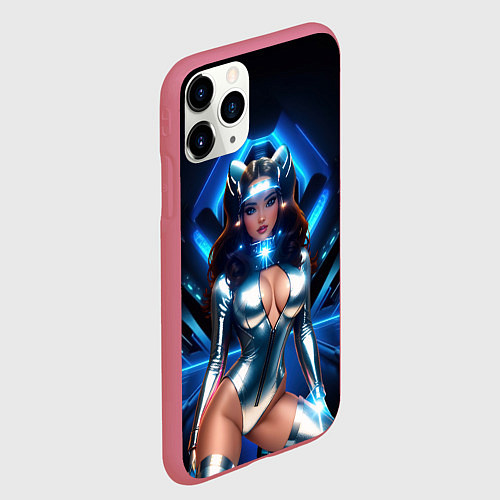 Чехол iPhone 11 Pro матовый Космическая девушка в блестящем костюме с ушками / 3D-Малиновый – фото 2