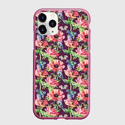 Чехол iPhone 11 Pro матовый Птицы и цветы, цвет: 3D-малиновый