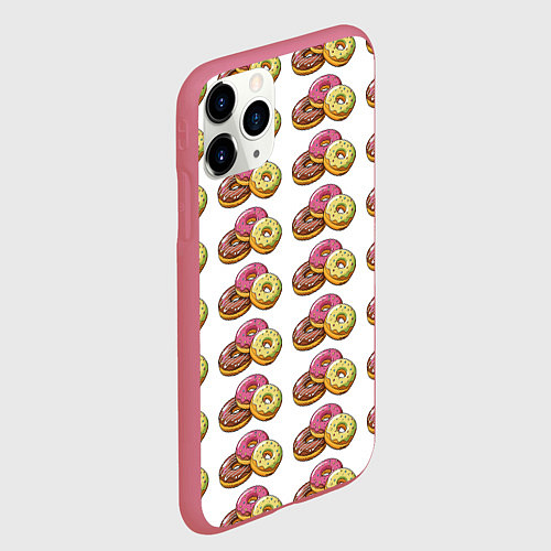 Чехол iPhone 11 Pro матовый Пончики-фастфуд паттерн / 3D-Малиновый – фото 2