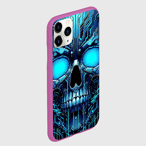 Чехол iPhone 11 Pro матовый Неоновый кибер череп - нейроарт микросхема / 3D-Фиолетовый – фото 2