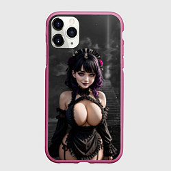 Чехол iPhone 11 Pro матовый Готическая девушка в черном белье с большой грудью, цвет: 3D-малиновый