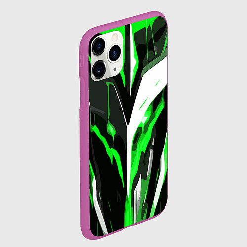 Чехол iPhone 11 Pro матовый Зелёно-белая абстракция и чёрный фон / 3D-Фиолетовый – фото 2