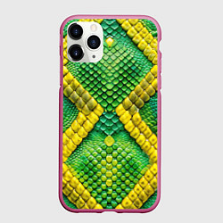 Чехол iPhone 11 Pro матовый Змеиная кожа желто-зеленая раскраска, цвет: 3D-малиновый