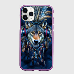 Чехол iPhone 11 Pro матовый Волк в наушниках и перья - индейский диджей, цвет: 3D-фиолетовый