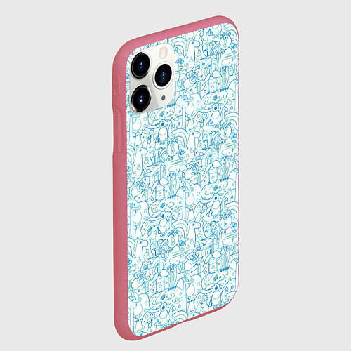 Чехол iPhone 11 Pro матовый Дудл - паттерн звери рисованные лайнарт / 3D-Малиновый – фото 2
