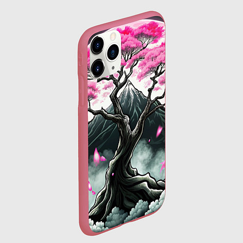 Чехол iPhone 11 Pro матовый Япония сакура и горы / 3D-Малиновый – фото 2