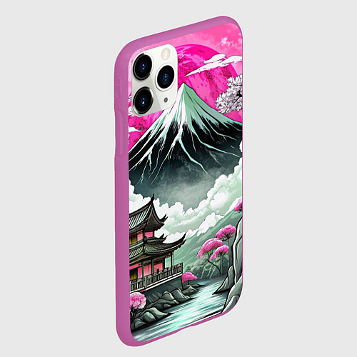 Чехол iPhone 11 Pro матовый Японский вулкан и деревья / 3D-Фиолетовый – фото 2