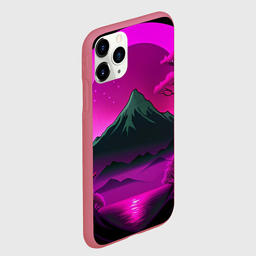 Чехол iPhone 11 Pro матовый Темная гора в фиолетовом закате Япония / 3D-Малиновый – фото 2