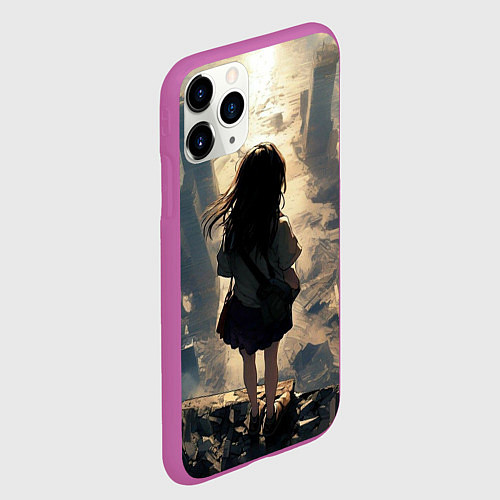 Чехол iPhone 11 Pro матовый Девушка и город / 3D-Фиолетовый – фото 2