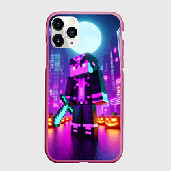 Чехол iPhone 11 Pro матовый Чувак с мечом в неоновом городе - Майнкрафт, цвет: 3D-малиновый