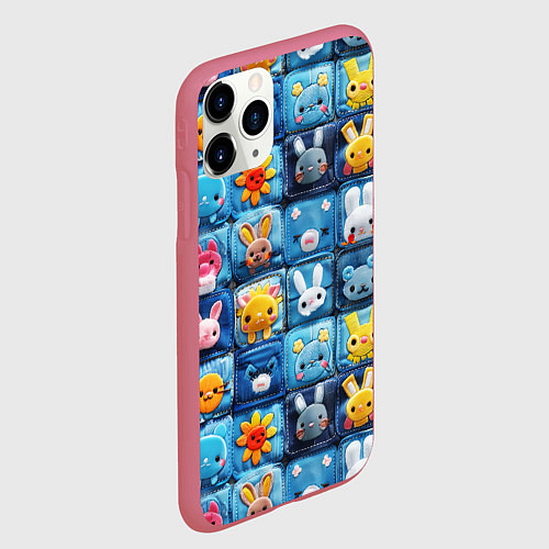 Чехол iPhone 11 Pro матовый Пэчворк с кроликами / 3D-Малиновый – фото 2