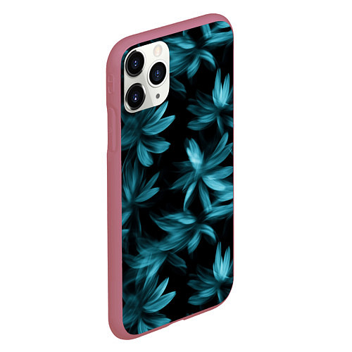 Чехол iPhone 11 Pro матовый Размытые сине-зеленые цветы на черном фоне / 3D-Малиновый – фото 2