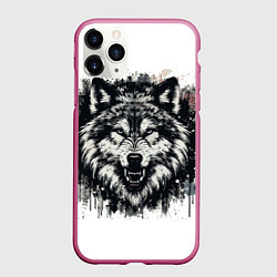Чехол iPhone 11 Pro матовый Гранж - Портрет волка: голова, цвет: 3D-малиновый