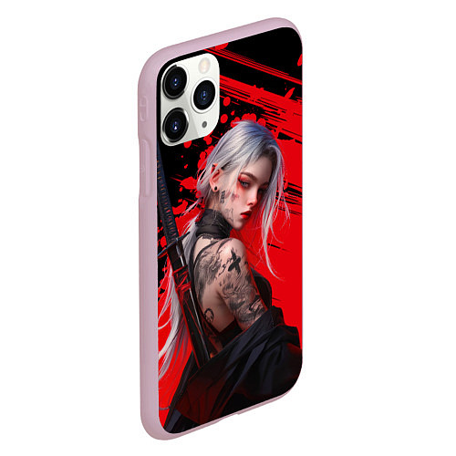 Чехол iPhone 11 Pro матовый Татуированная девушка аниме с катаной / 3D-Розовый – фото 2