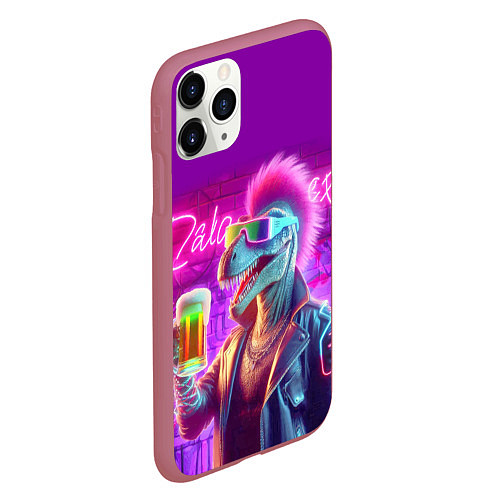 Чехол iPhone 11 Pro матовый Панк динозавр с кружкой пива - неоновое свечение / 3D-Малиновый – фото 2