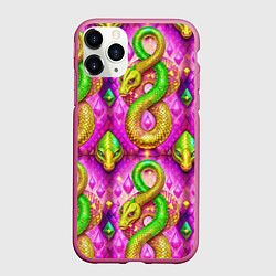 Чехол iPhone 11 Pro матовый Желто-зеленые змеи паттерн, цвет: 3D-малиновый