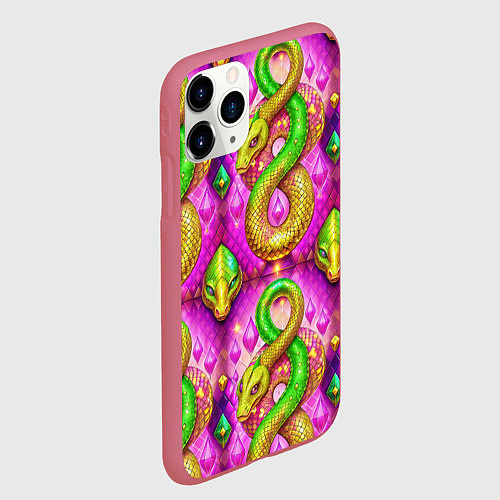 Чехол iPhone 11 Pro матовый Желто-зеленые змеи паттерн / 3D-Малиновый – фото 2