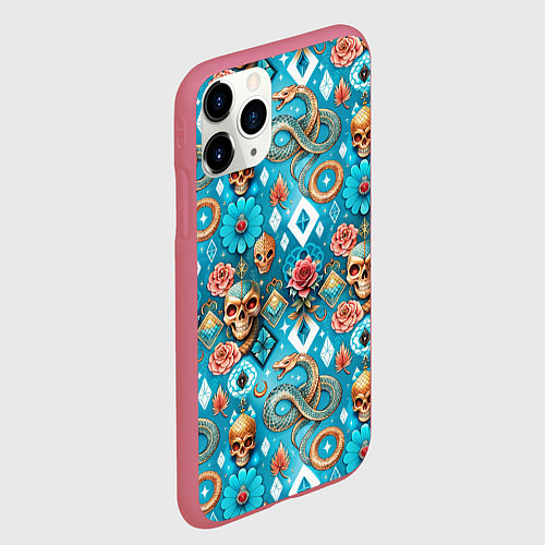 Чехол iPhone 11 Pro матовый Паттерн змеи и черепа / 3D-Малиновый – фото 2