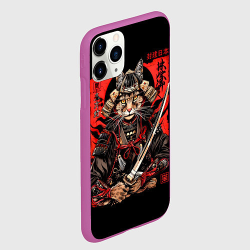 Чехол iPhone 11 Pro матовый Кот самурай - гравюра / 3D-Фиолетовый – фото 2