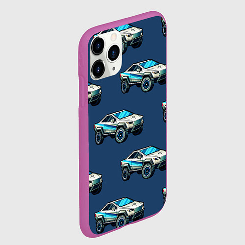 Чехол iPhone 11 Pro матовый Тесла киберпанк паттерн с машинками / 3D-Фиолетовый – фото 2