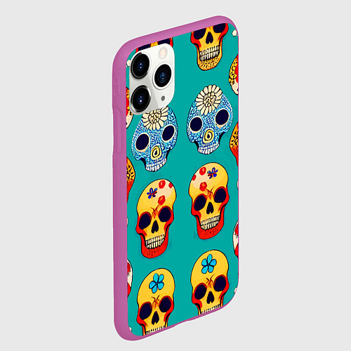 Чехол iPhone 11 Pro матовый Летний паттерн из цветных мексиканских черепков - / 3D-Фиолетовый – фото 2