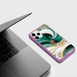 Чехол iPhone 11 Pro матовый Зеленые волны и золотые веточки, цвет: 3D-фиолетовый — фото 2