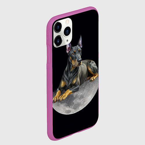 Чехол iPhone 11 Pro матовый Доберман и луна / 3D-Фиолетовый – фото 2