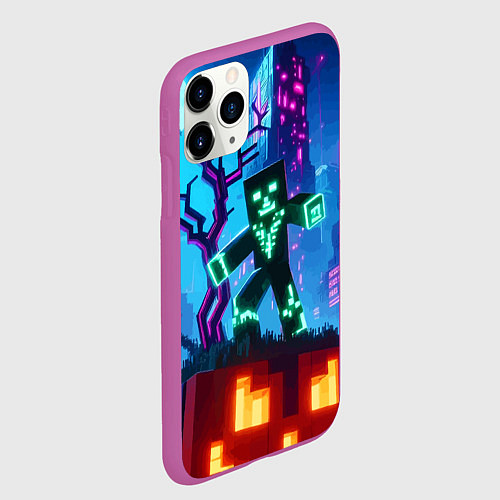 Чехол iPhone 11 Pro матовый Minecraft and halloween - neon glow / 3D-Фиолетовый – фото 2