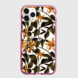 Чехол iPhone 11 Pro матовый Желтые ретро цветы, цвет: 3D-малиновый