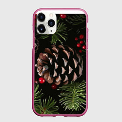 Чехол iPhone 11 Pro матовый Новый год шишки и клюква на ёлке, цвет: 3D-малиновый